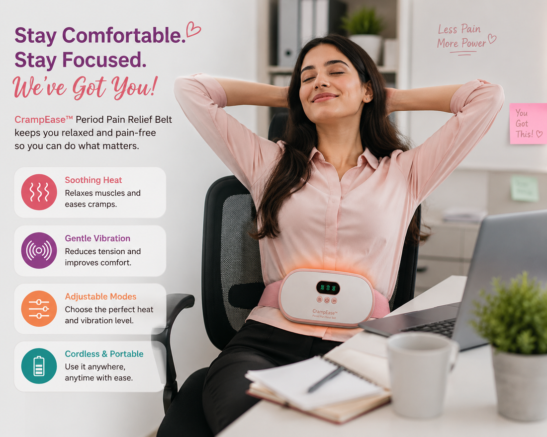"Happy woman working in an office while wearing CrampEase™ Period Pain Relief Belt, enjoying heat therapy and massage for menstrual cramp relief."