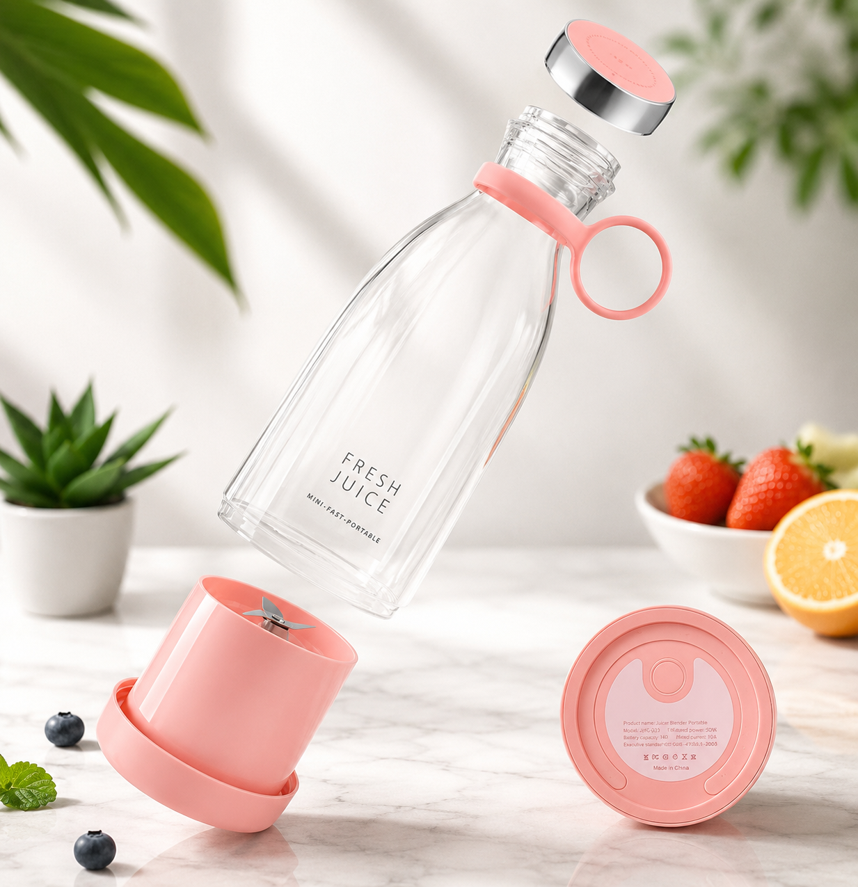 "Exploded view of GoBlend Bottle Portable Juicer showing leak-proof lid, portable handle, food-grade jar, stainless steel 4-blade system, power button, and motor base."