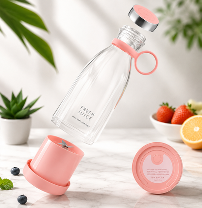 "Exploded view of GoBlend Bottle Portable Juicer showing leak-proof lid, portable handle, food-grade jar, stainless steel 4-blade system, power button, and motor base."